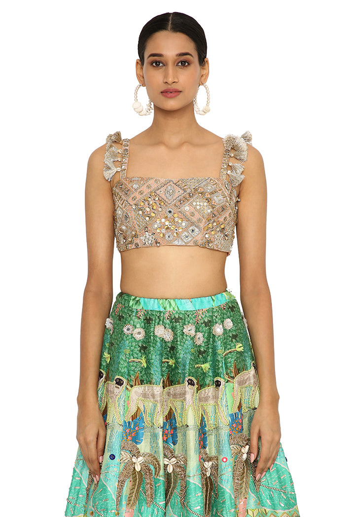 Ruba Peach Colour Embroidered Bustier With Printed Dupion Embroidered Lehenga With Peach Colour Dupatta