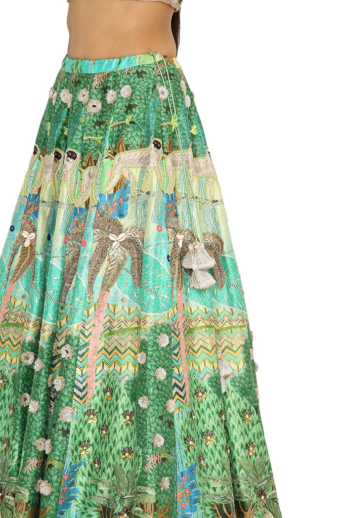 Ruba Peach Colour Embroidered Bustier With Printed Dupion Embroidered Lehenga With Peach Colour Dupatta