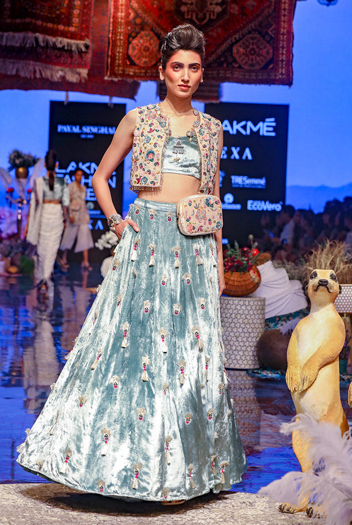 Seine Stone Georgette Short Jacket with Periwinkle Blue Velvet Bustier and Lehenga