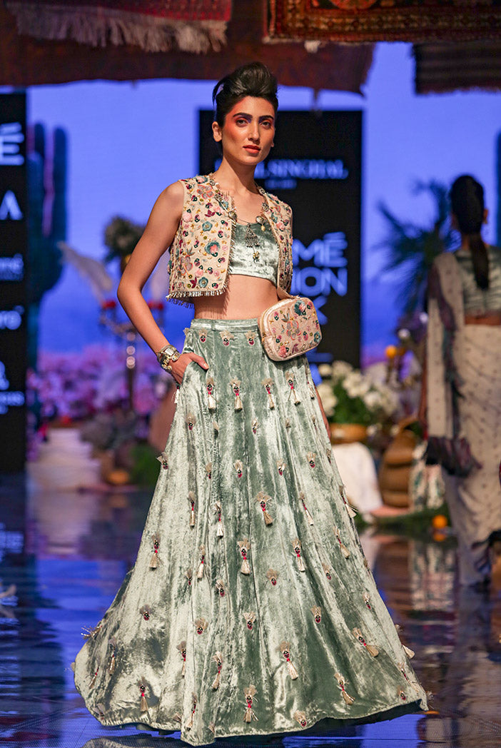 Seine Stone Georgette Short Jacket with Periwinkle Blue Velvet Bustier and Lehenga
