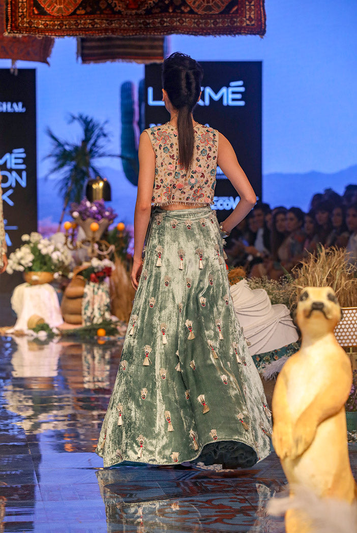 Seine Stone Georgette Short Jacket with Periwinkle Blue Velvet Bustier and Lehenga
