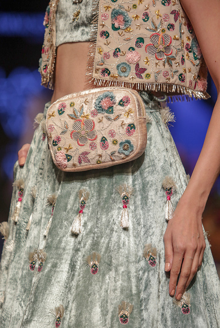 Seine Stone Georgette Short Jacket with Periwinkle Blue Velvet Bustier and Lehenga