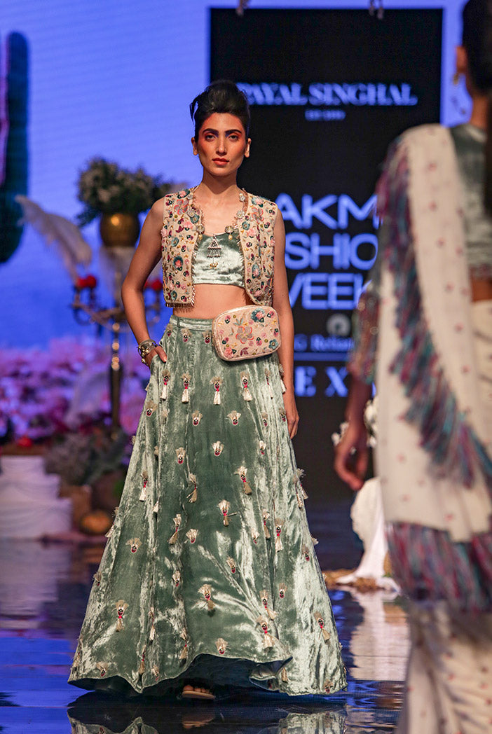 Seine Stone Georgette Short Jacket with Periwinkle Blue Velvet Bustier and Lehenga