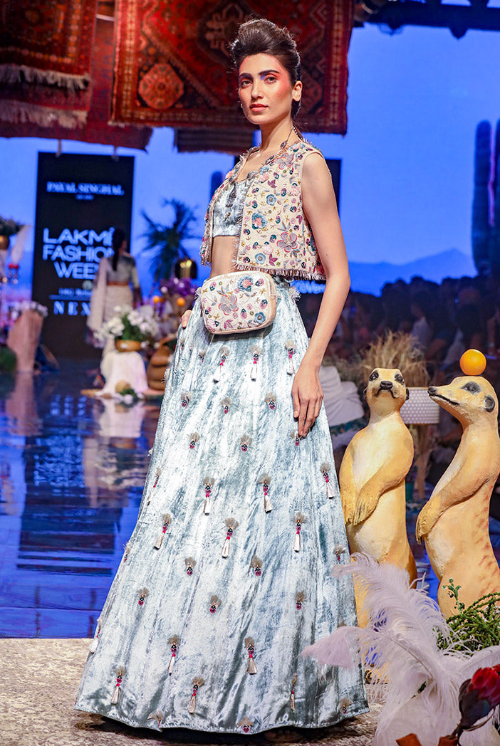 Seine Stone Georgette Short Jacket with Periwinkle Blue Velvet Bustier and Lehenga