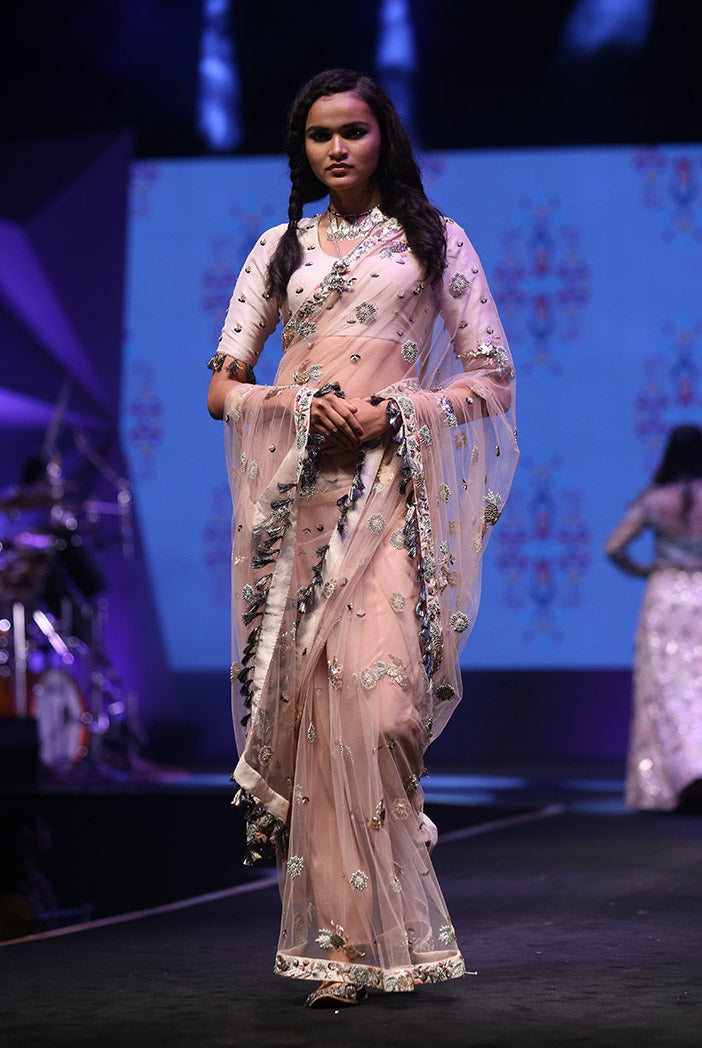 Semra Stone Silk Choli with Rose Pink Net Saree