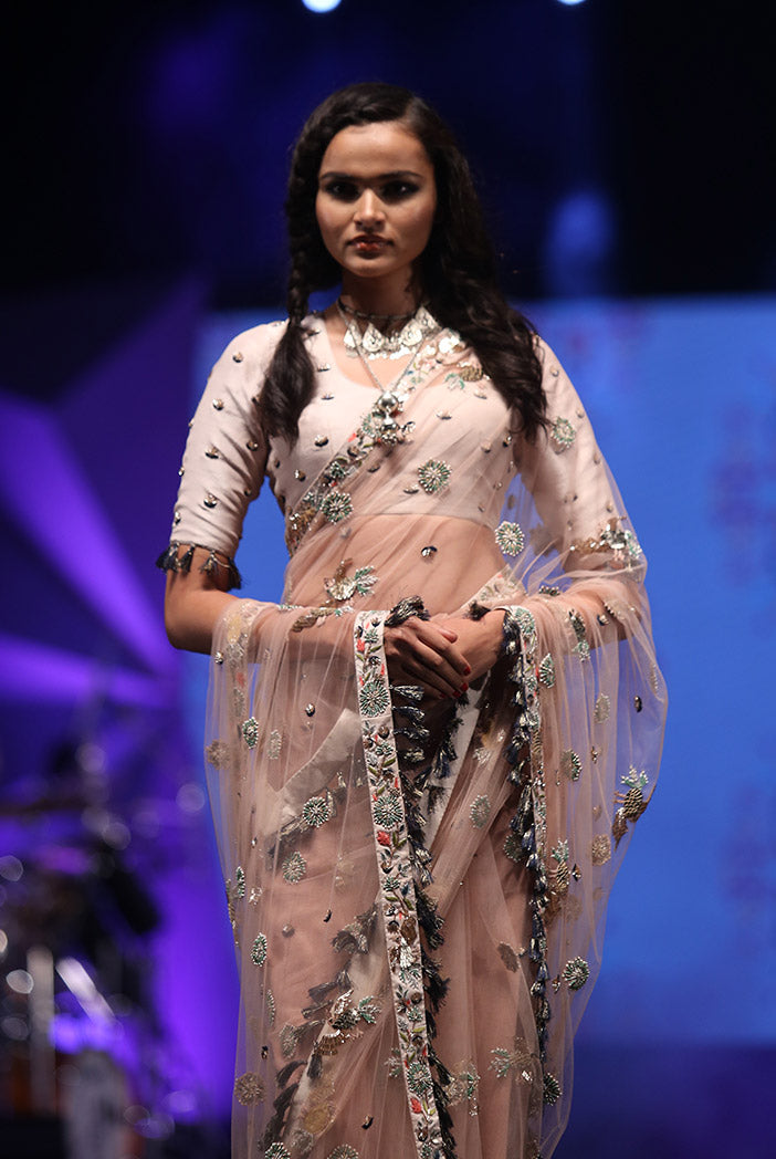 Semra Stone Silk Choli with Rose Pink Net Saree
