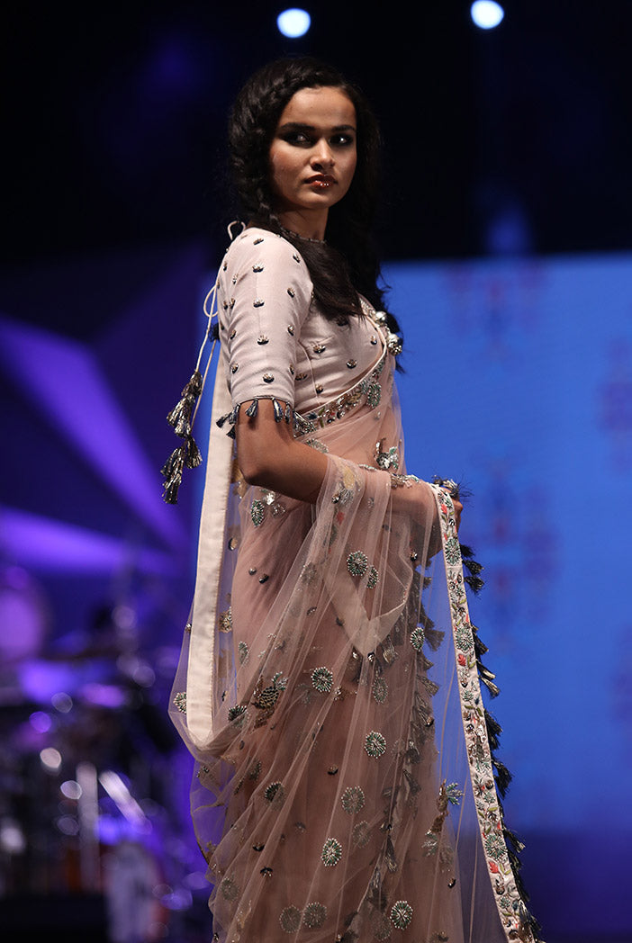 Semra Stone Silk Choli with Rose Pink Net Saree