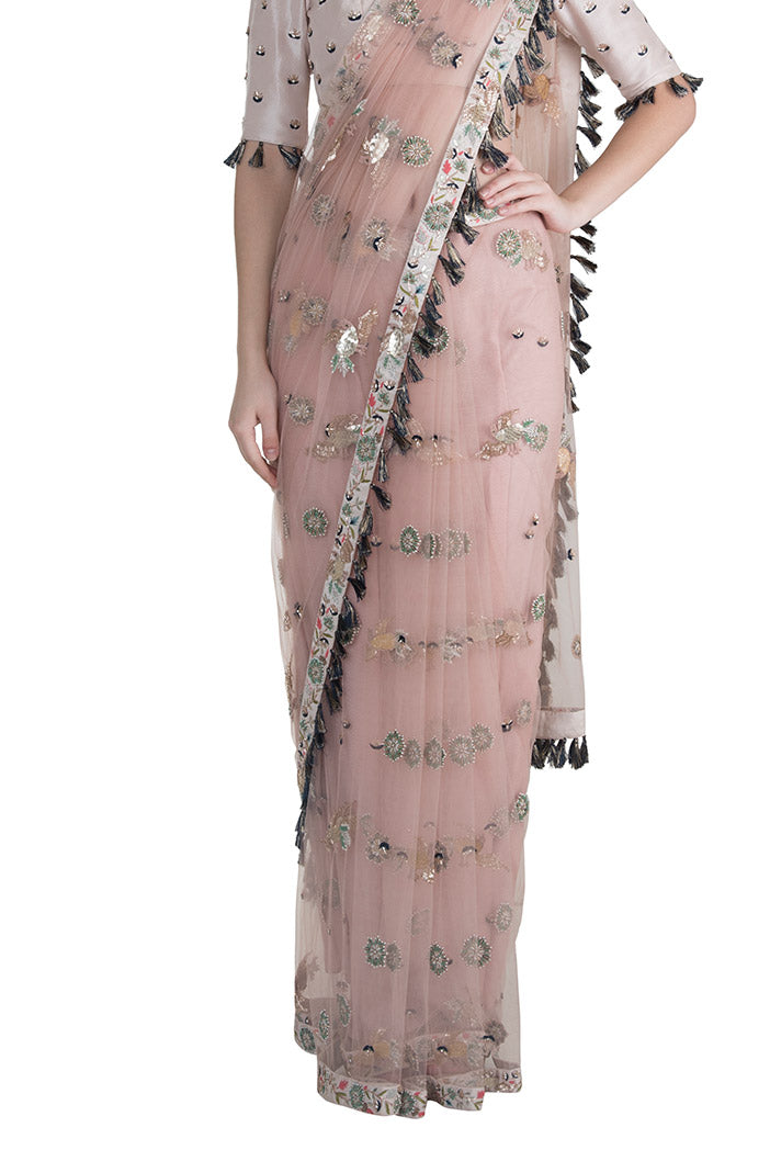 Semra Stone Silk Choli with Rose Pink Net Saree