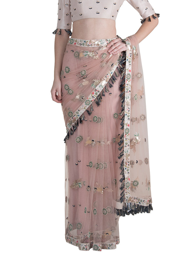 Semra Stone Silk Choli with Rose Pink Net Saree