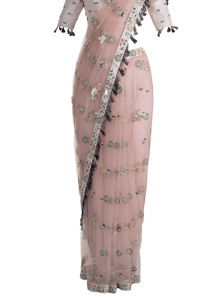 Semra Stone Silk Choli with Rose Pink Net Saree