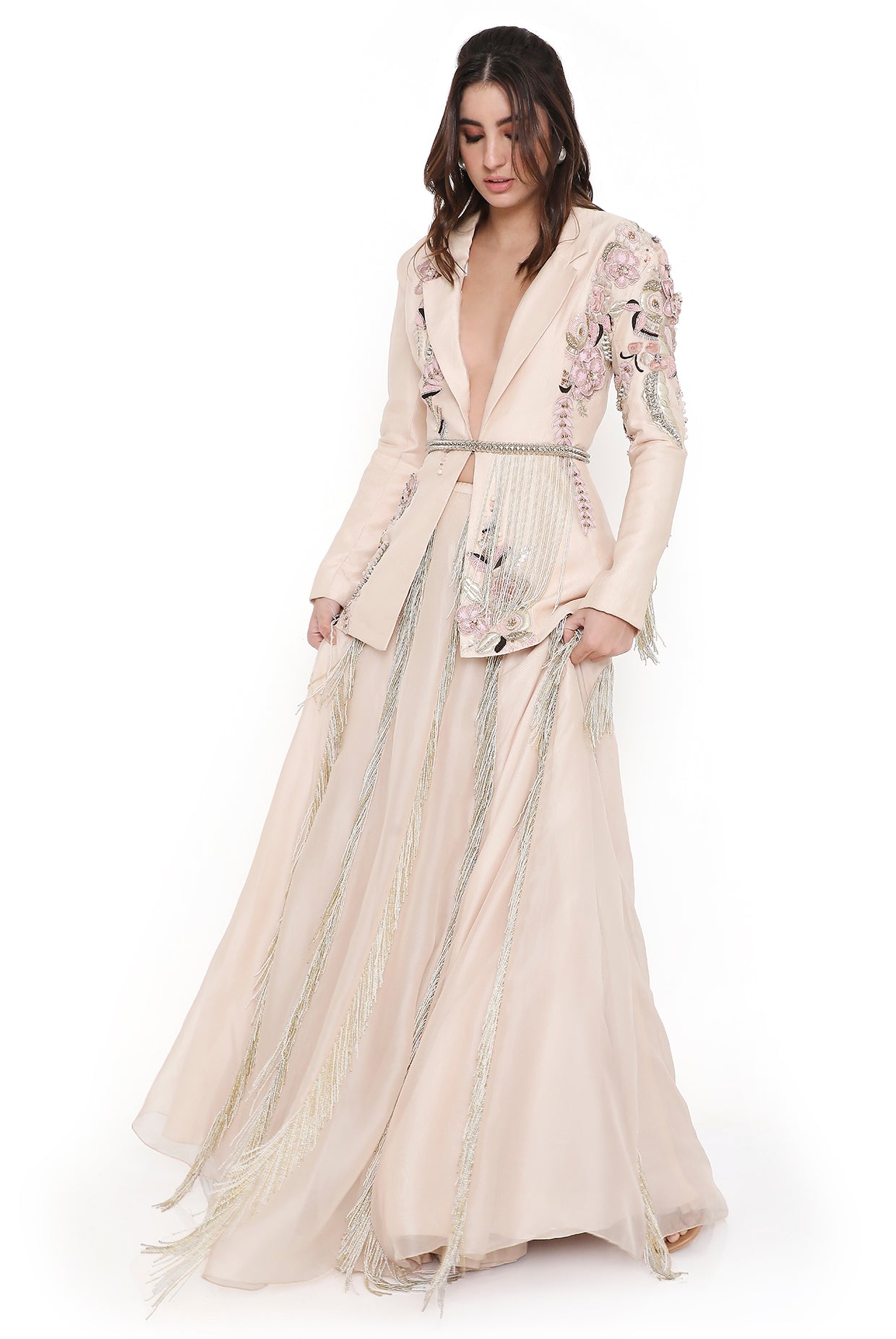 Sera Stone Embroidered Jacket And Lehenga With Hanging Tassels And Embroidered Leather Belt