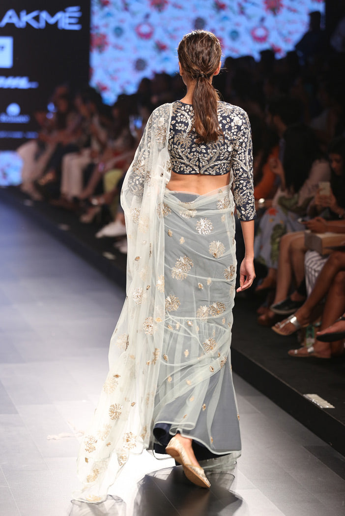 Sita Navy Dupion Silk Choli with Powder Blue Tulle Frill Saree