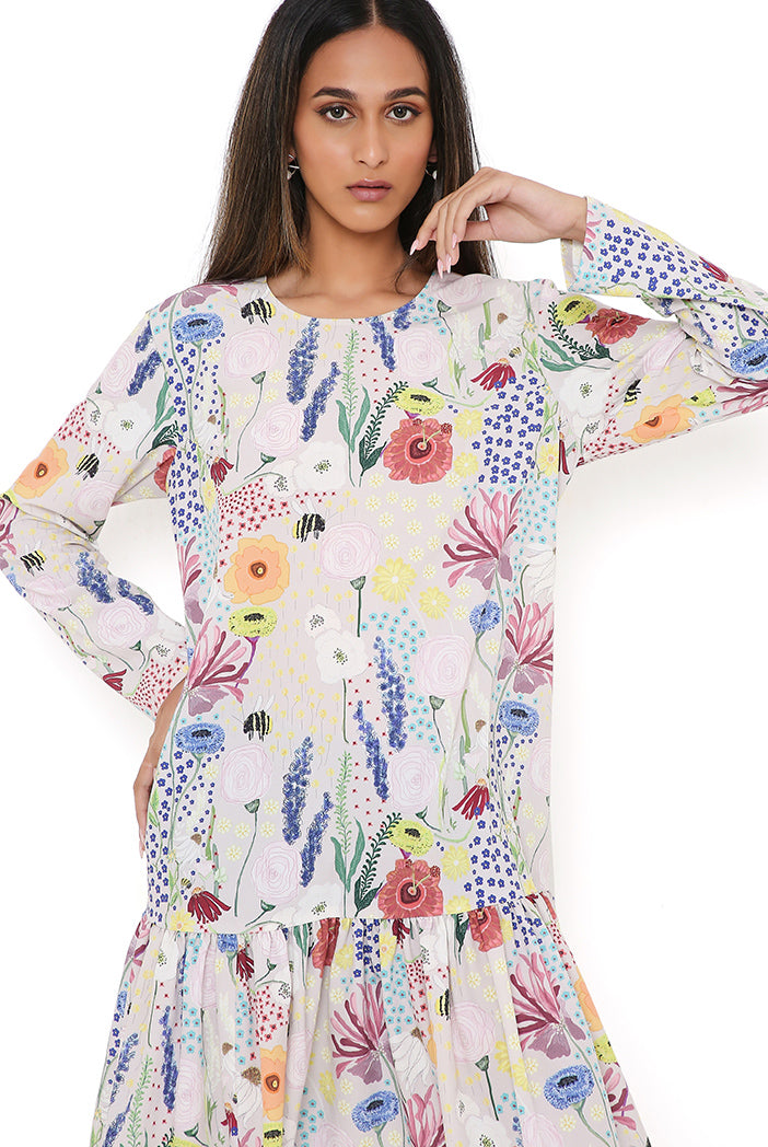 Stone Bee Print Art Crepe Frill Hem Tunic