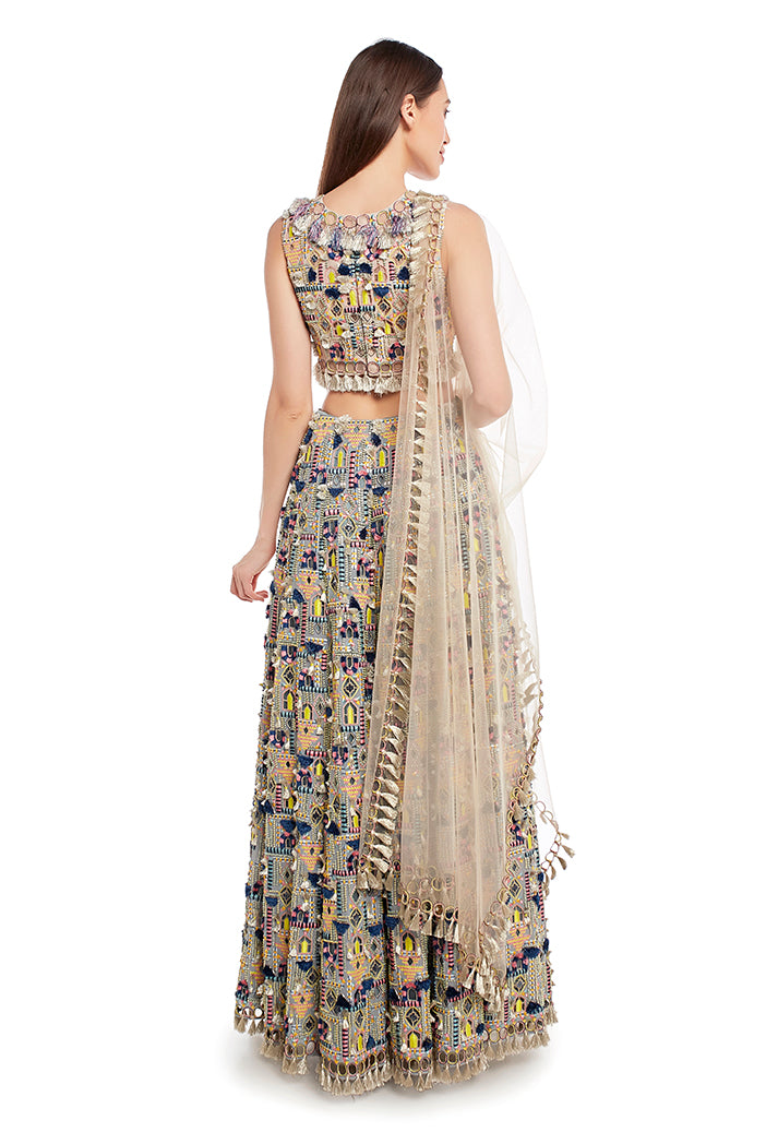 Stone Colour Georgette Choli with Periwinkle Blue Colour Georgette Lehenga and Stone Net Dupatta