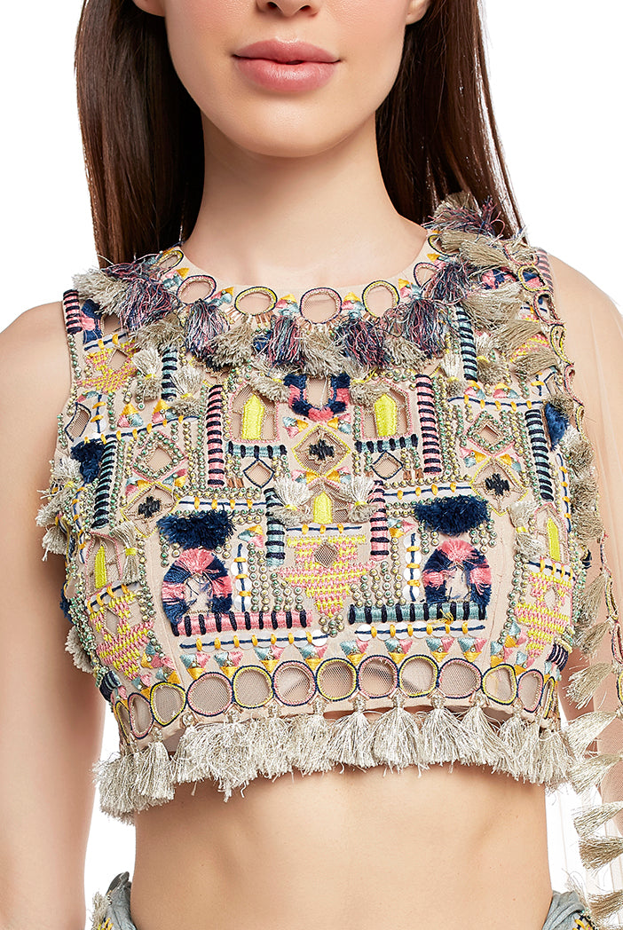Stone Colour Georgette Choli with Periwinkle Blue Colour Georgette Lehenga and Stone Net Dupatta