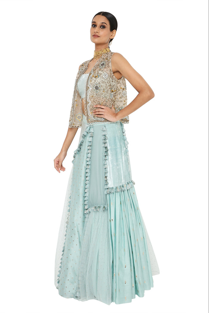 Erum Stone Colour Organza Embroidered Jacket With Powder Blue Velvet Bustier And Multi Kali Lehenga