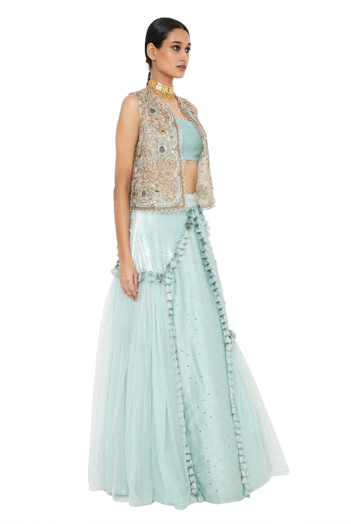 Erum Stone Colour Organza Embroidered Jacket With Powder Blue Velvet Bustier And Multi Kali Lehenga