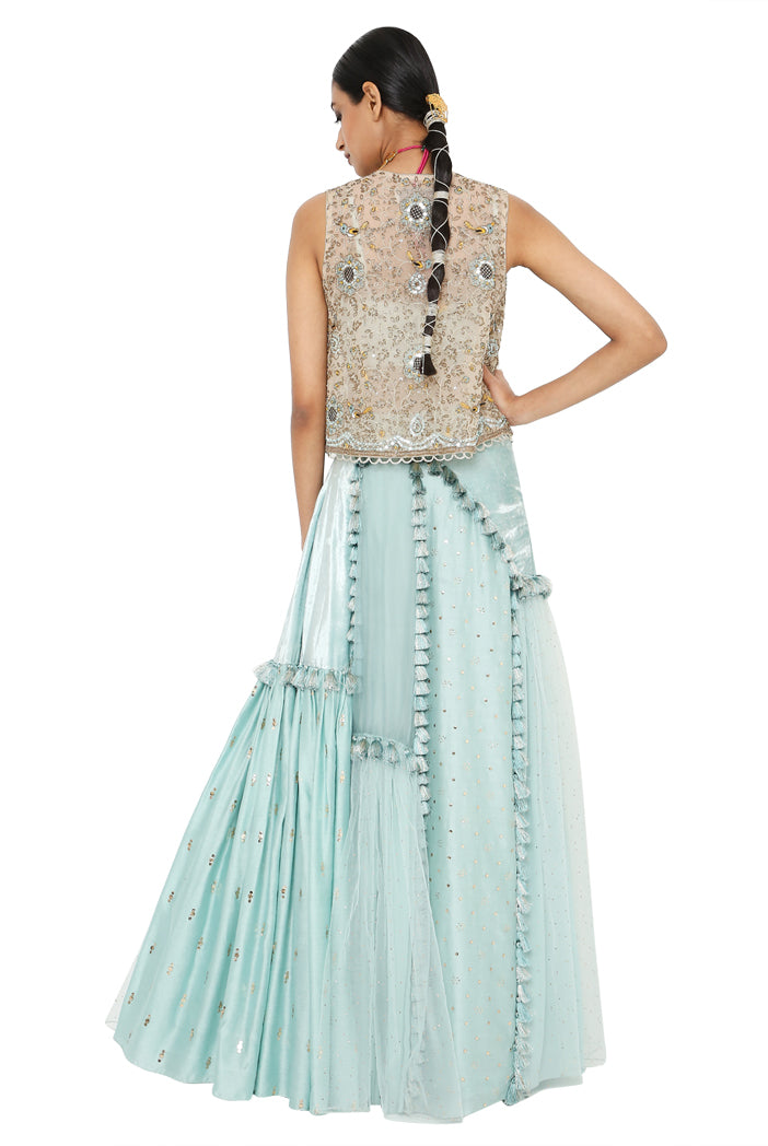 Erum Stone Colour Organza Embroidered Jacket With Powder Blue Velvet Bustier And Multi Kali Lehenga