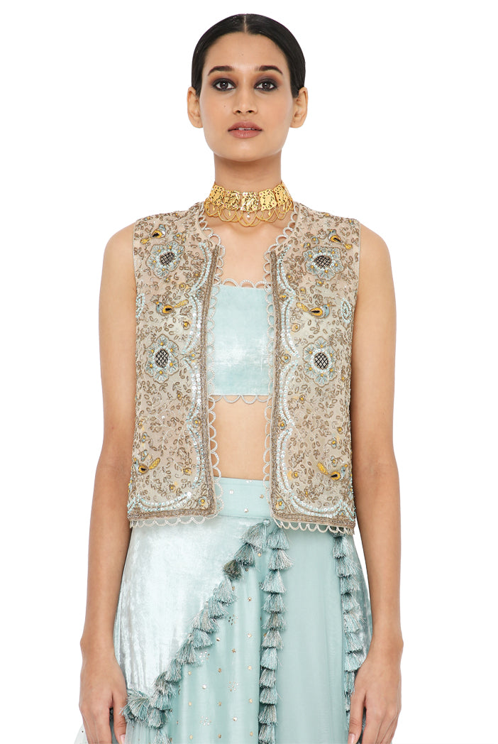 Erum Stone Colour Organza Embroidered Jacket With Powder Blue Velvet Bustier And Multi Kali Lehenga