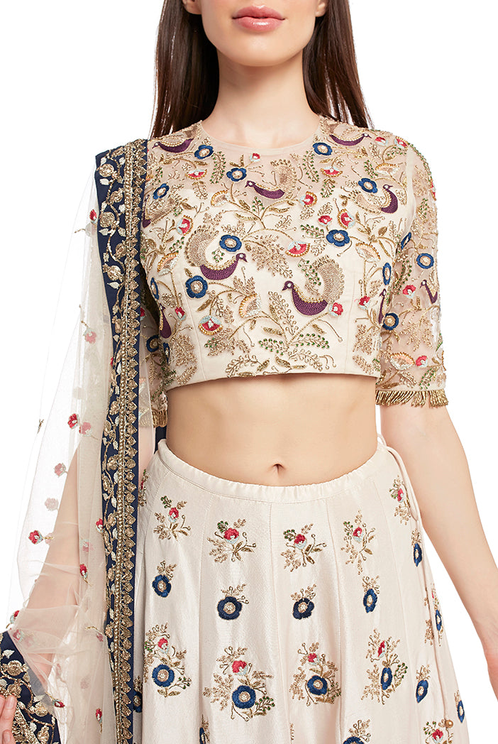 Stone Colour Silk Choli and Lehenga with Net Dupatta