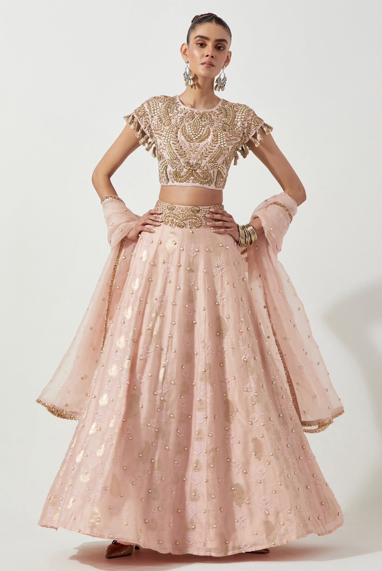 ROSE PINK EMBROIDERED CHOLI & CHIKANKARI LEHENGA WITH ORGANZA DUPATTA