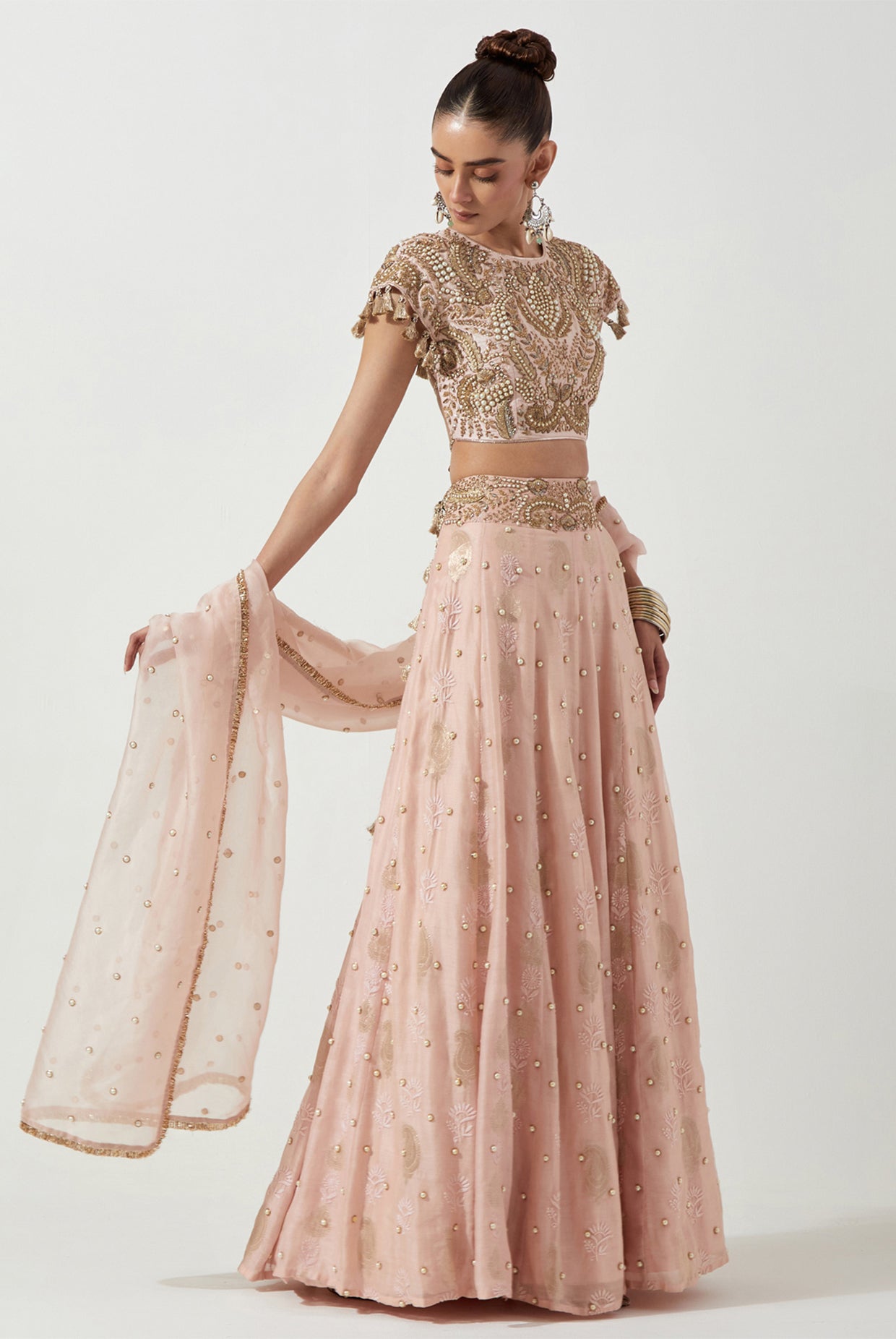 ROSE PINK EMBROIDERED CHOLI & CHIKANKARI LEHENGA WITH ORGANZA DUPATTA