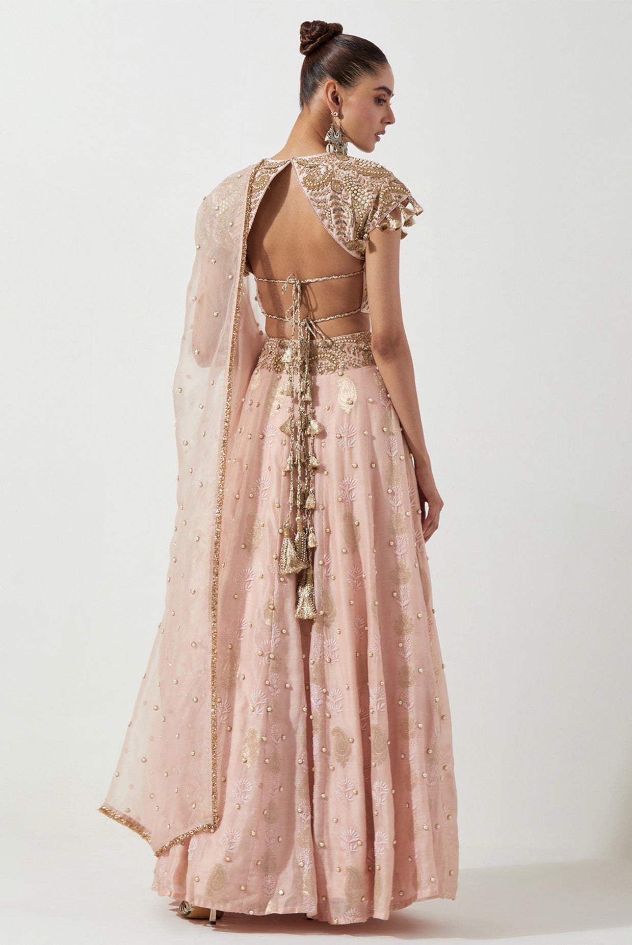ROSE PINK EMBROIDERED CHOLI & CHIKANKARI LEHENGA WITH ORGANZA DUPATTA