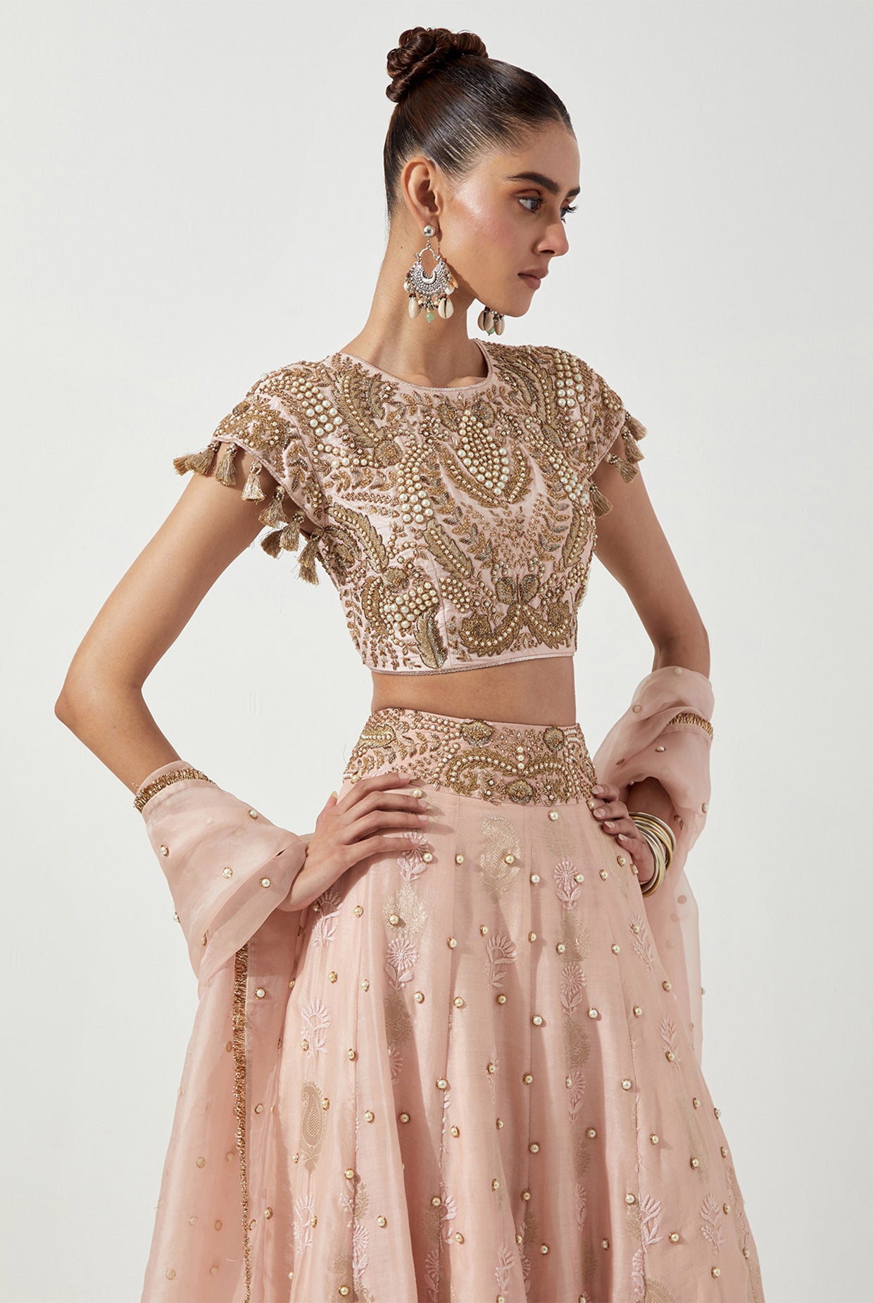 ROSE PINK EMBROIDERED CHOLI & CHIKANKARI LEHENGA WITH ORGANZA DUPATTA