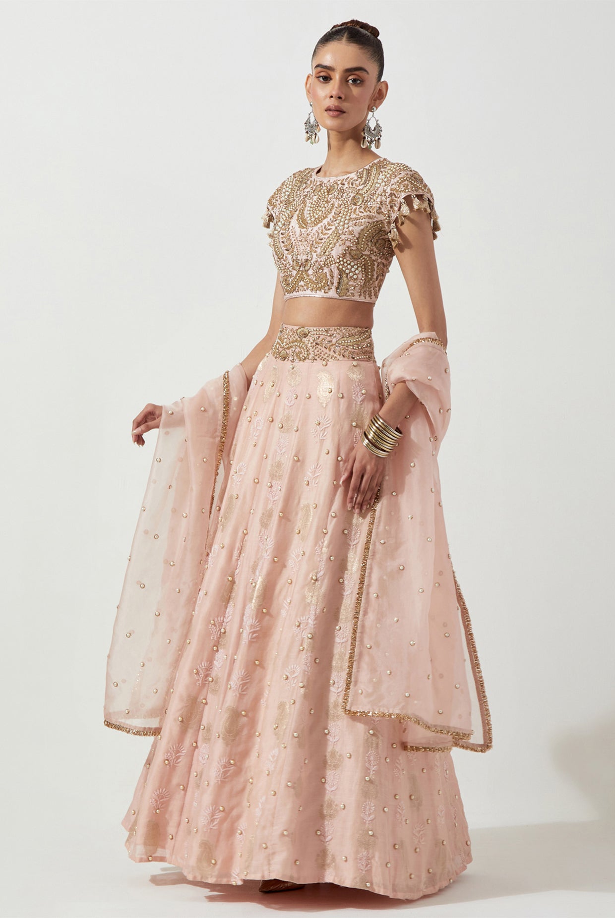 ROSE PINK EMBROIDERED CHOLI & CHIKANKARI LEHENGA WITH ORGANZA DUPATTA