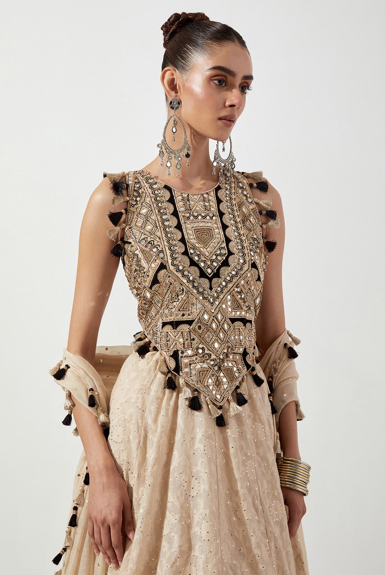 STONE EMBROIDERED CHOLI AND LEHENGA WITH MUKAISH MUL DUPATTA