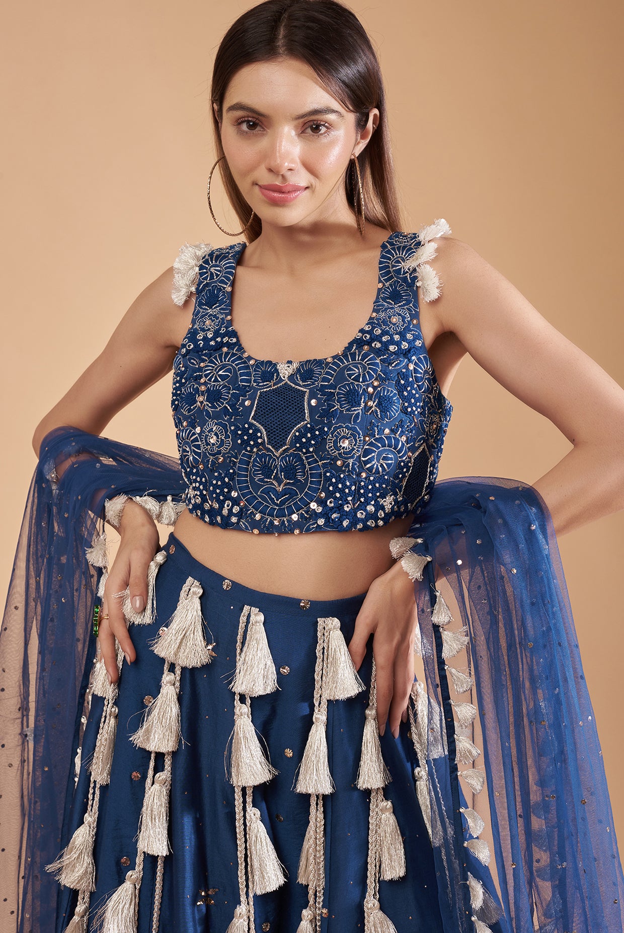 Teal Blue Embroidered Choli With Lehenga And Dupatta