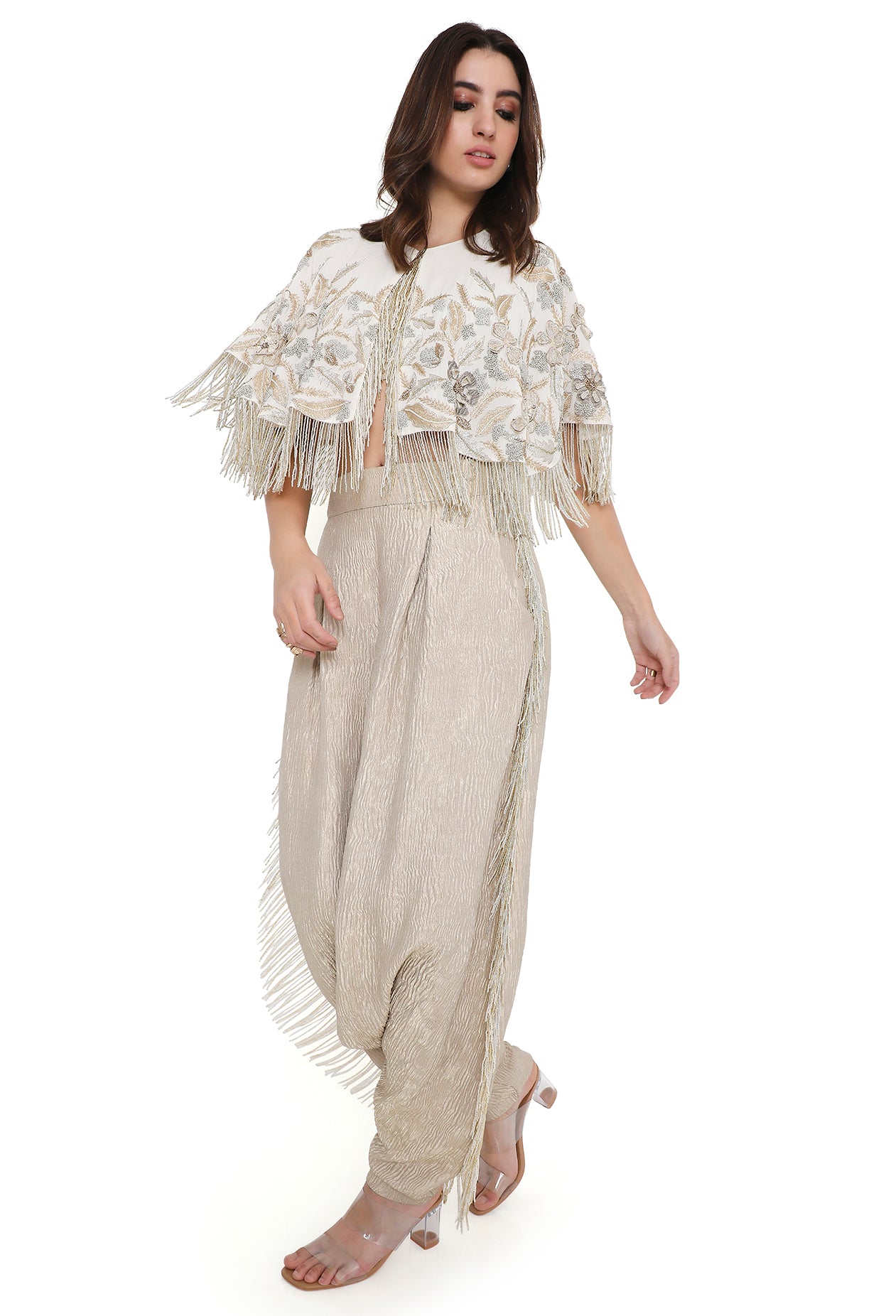Tessa Off White Embroidered Cape And Bustier With Low Crotch Pant
