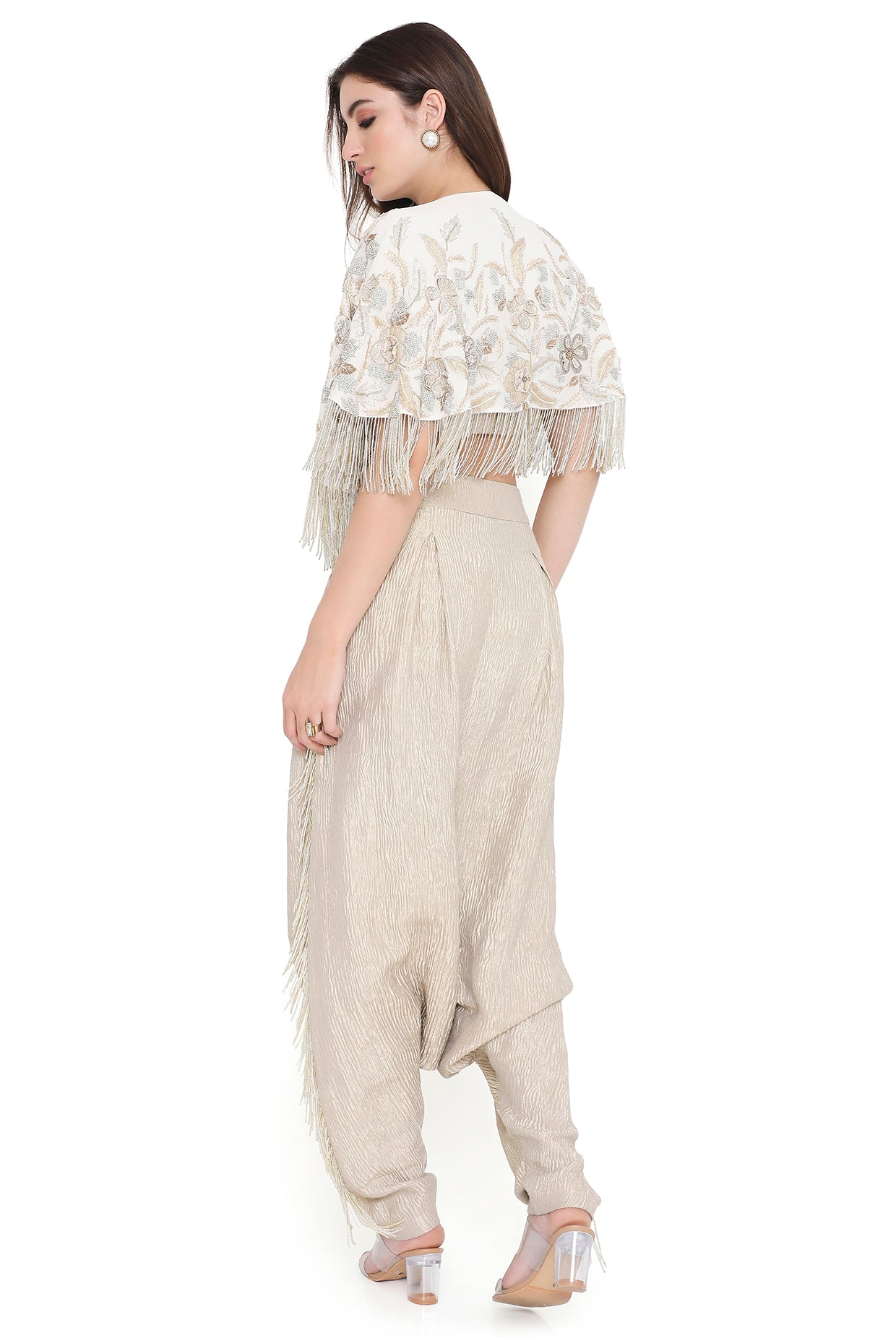 Tessa Off White Embroidered Cape And Bustier With Low Crotch Pant