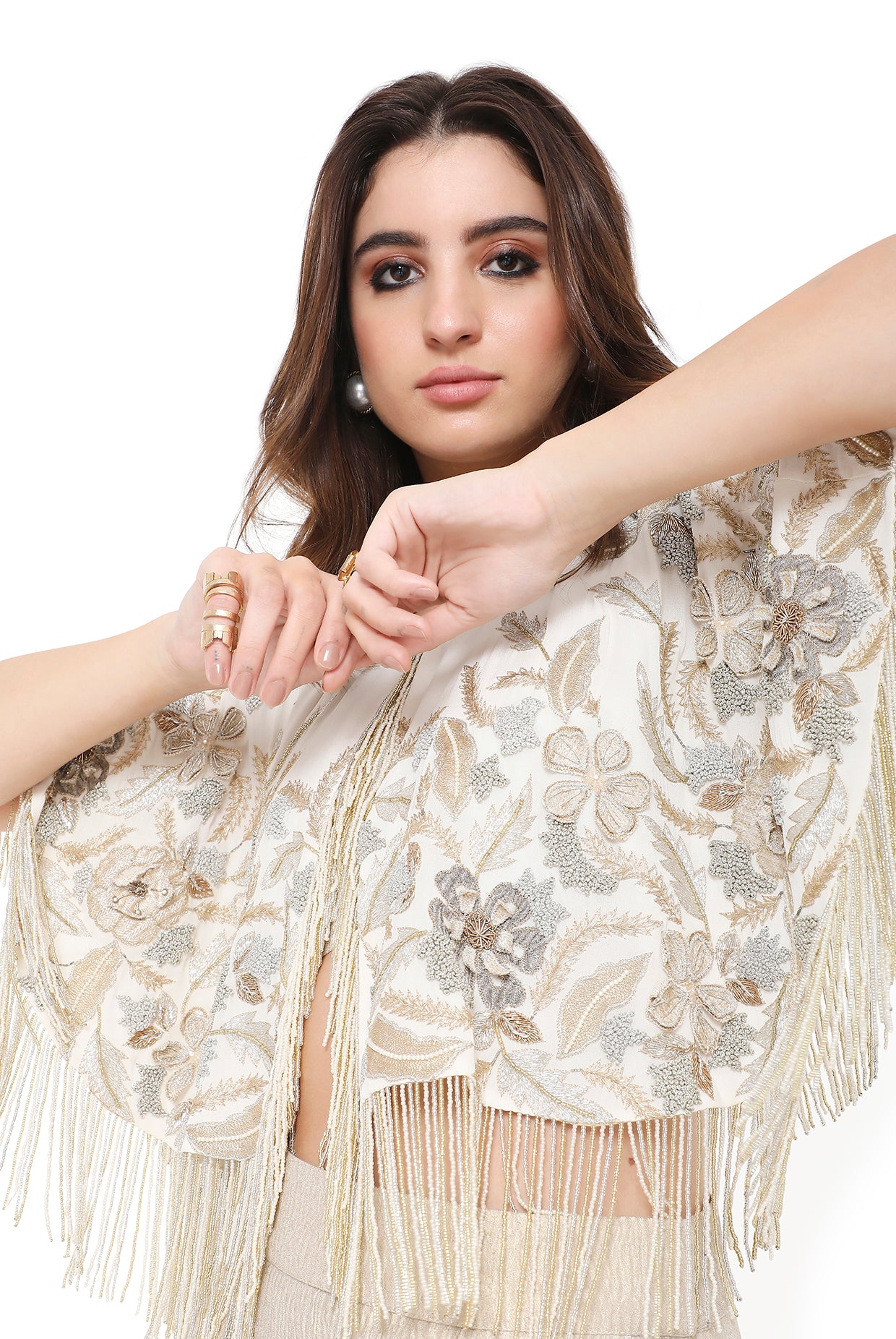 Tessa Off White Embroidered Cape And Bustier With Low Crotch Pant