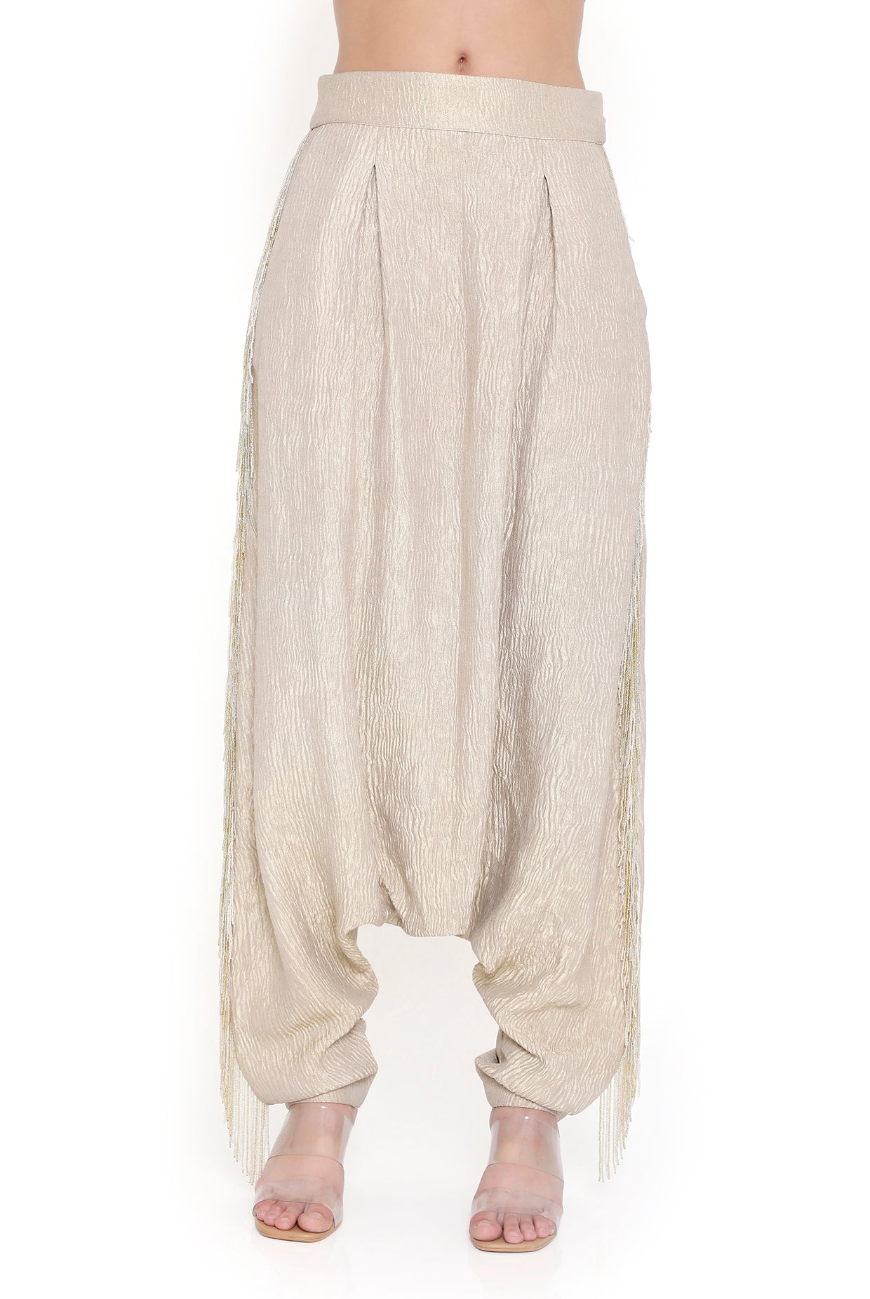 Tessa Off White Embroidered Cape And Bustier With Low Crotch Pant