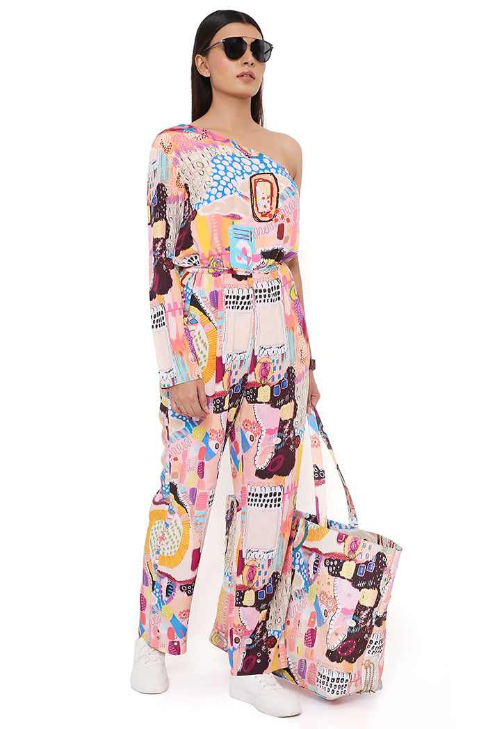 Trance Print Crepe One Shoulder Jumpsuit