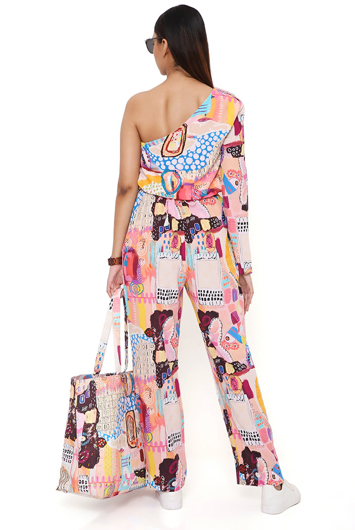 Trance Print Crepe One Shoulder Jumpsuit