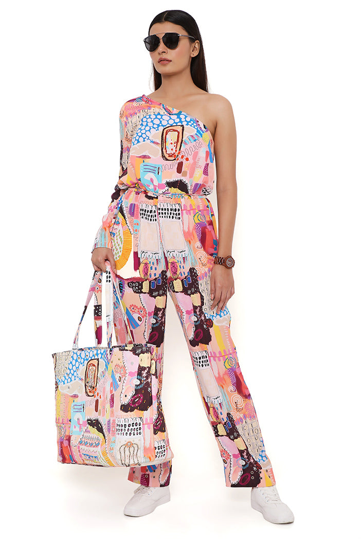 Trance Print Crepe One Shoulder Jumpsuit