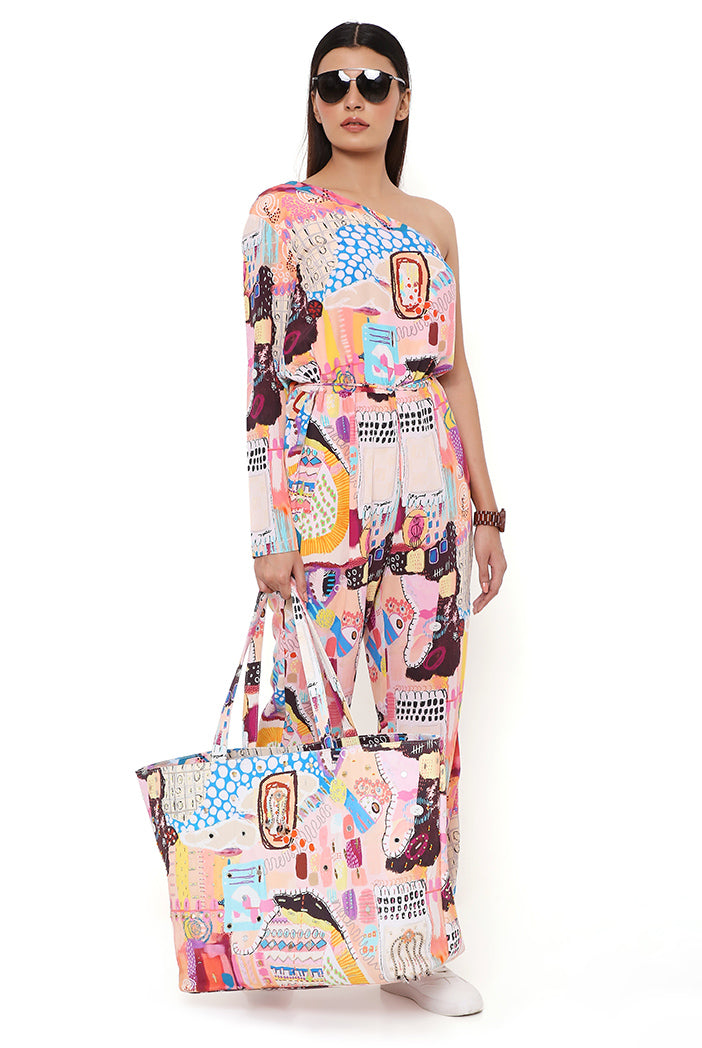 Trance Print Crepe One Shoulder Jumpsuit