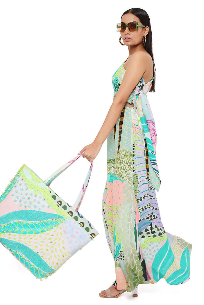 Tropical Print Crepe One Shoulder Side Tie-Up Choli With Skirt