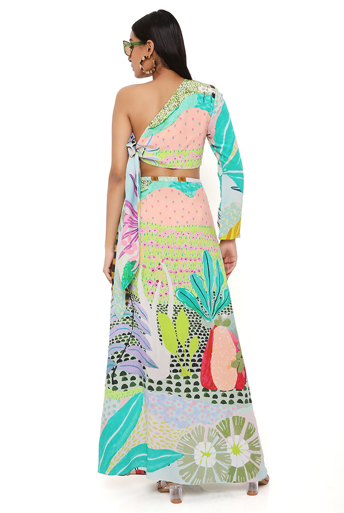 Tropical Print Crepe One Shoulder Side Tie-Up Choli With Skirt