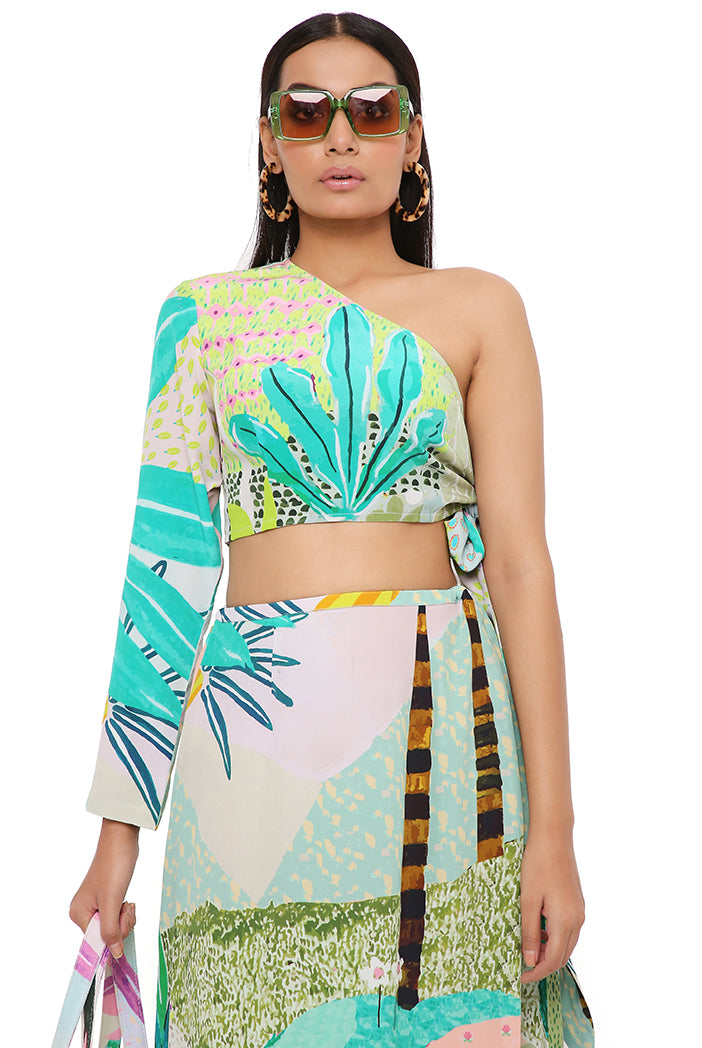 Tropical Print Crepe One Shoulder Side Tie-Up Choli With Skirt