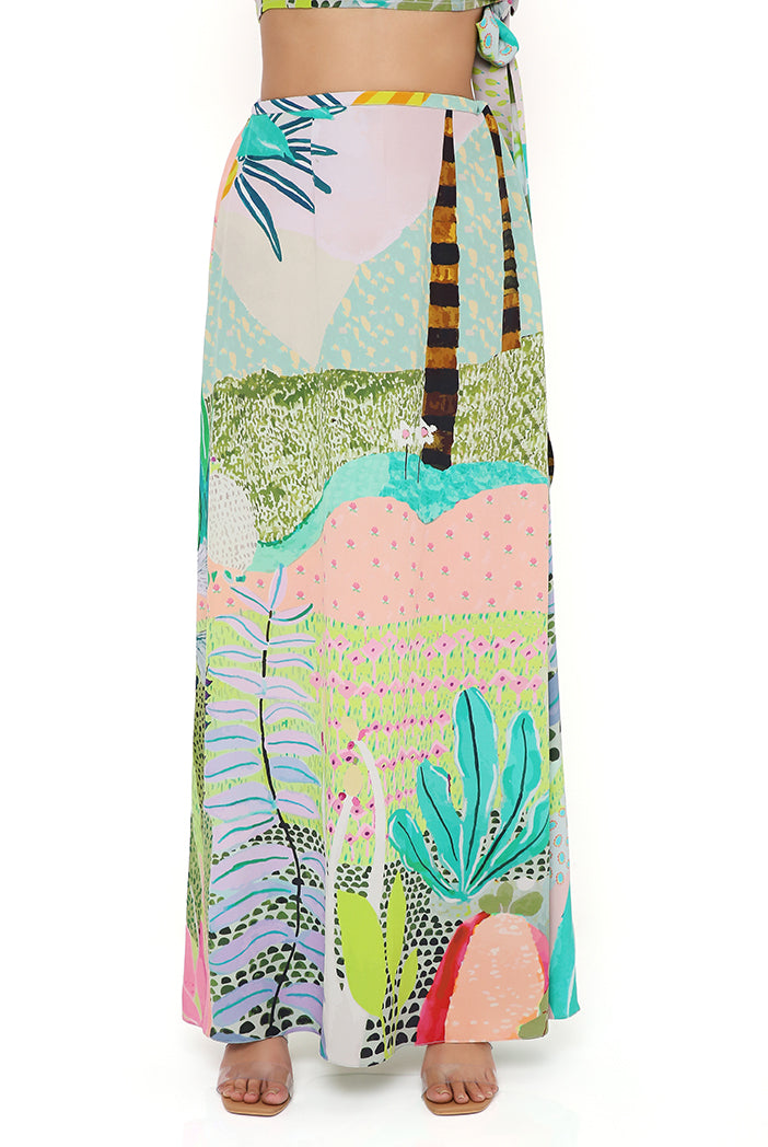 Tropical Print Crepe One Shoulder Side Tie-Up Choli With Skirt