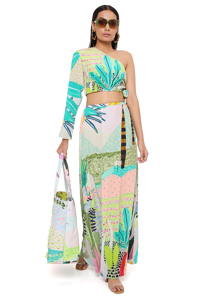 Tropical Print Crepe One Shoulder Side Tie-Up Choli With Skirt