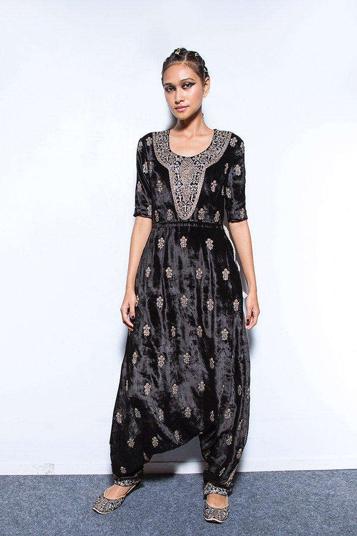 Uzbek Black Velvet Low Crotch Pant Jumpsuit