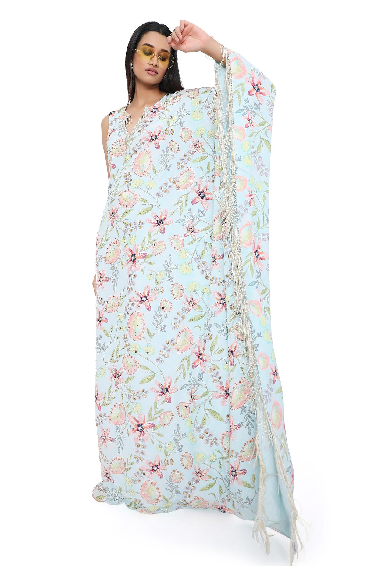 Valentina Lavender Dream Print Embroidered One Shoulder Kaftan With Hanging Tassels