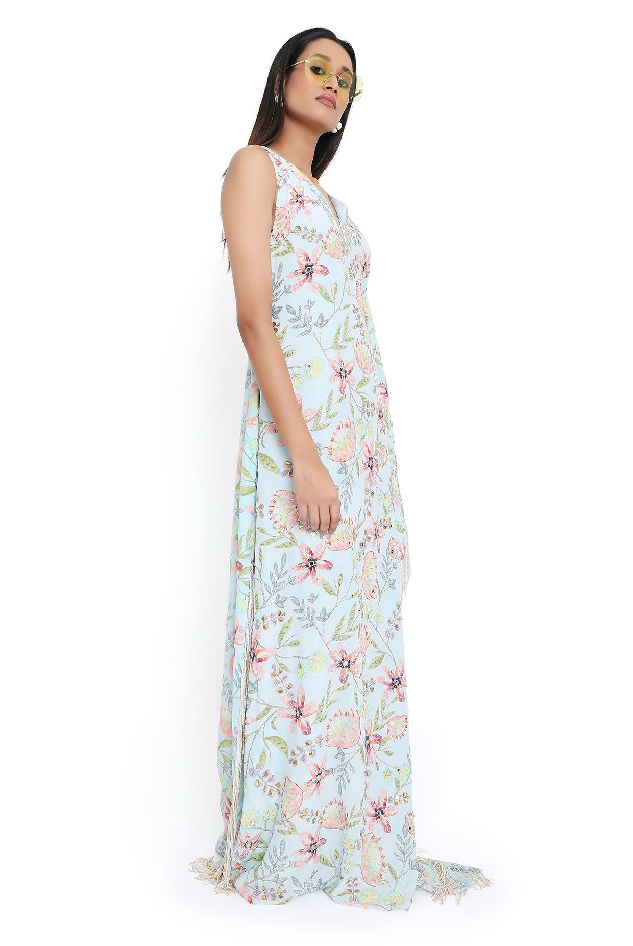 Valentina Lavender Dream Print Embroidered One Shoulder Kaftan With Hanging Tassels