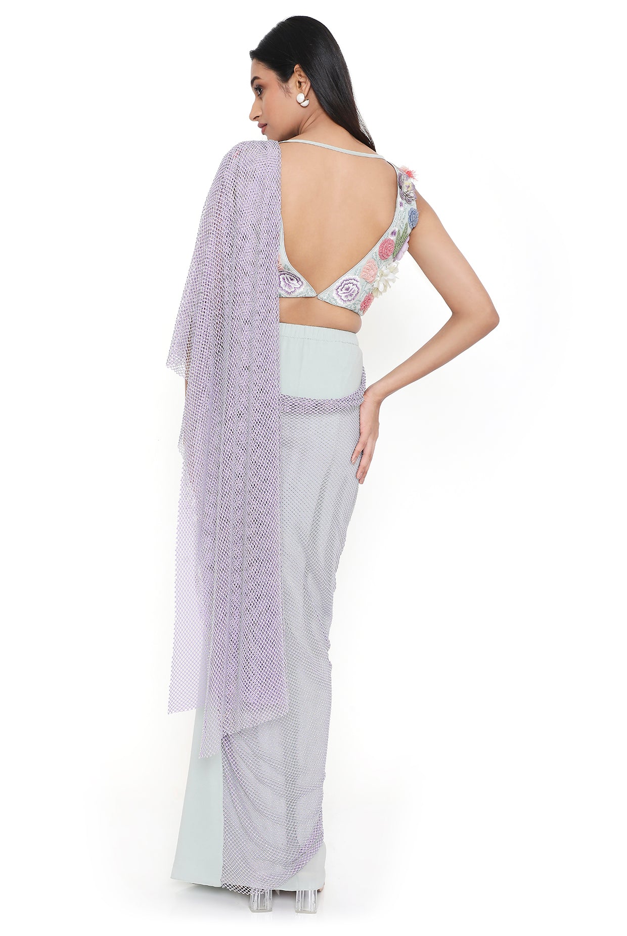 Verona Sea Foam Embroidered Choli And Saree With Purple Mesh Pallu