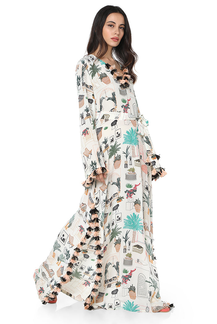 White Colour Printed Art Crepe Kaftan