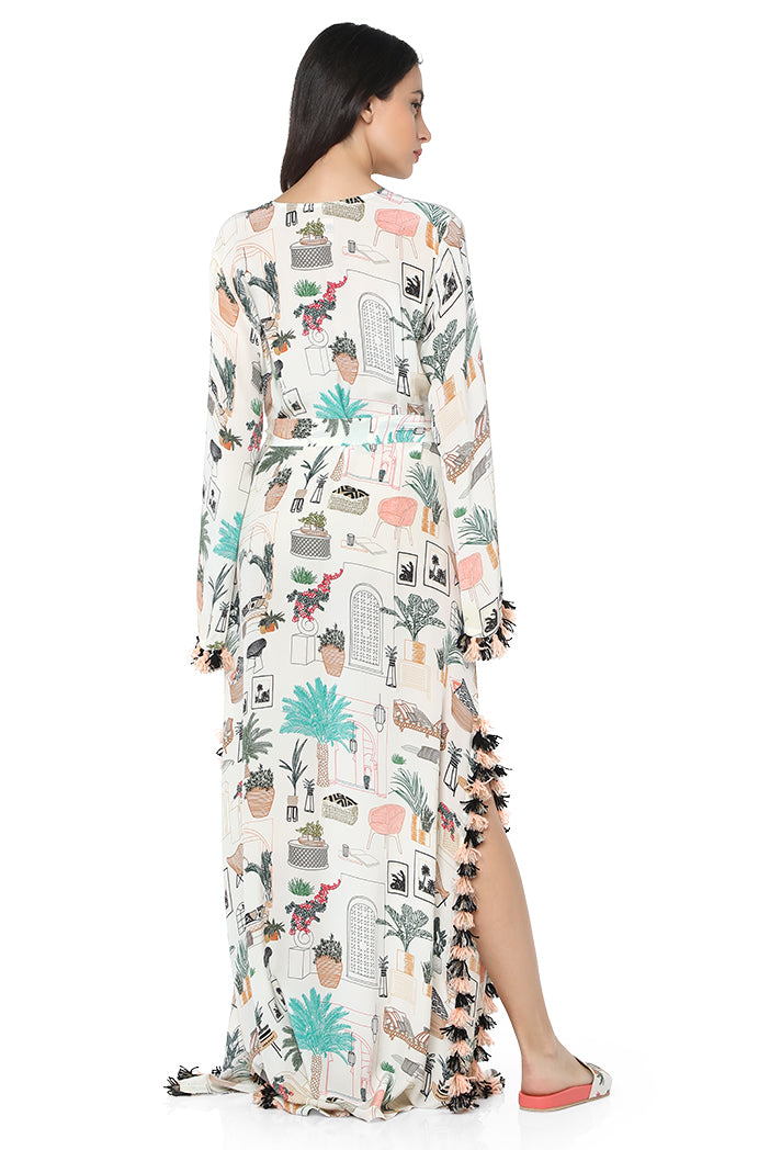 White Colour Printed Art Crepe Kaftan